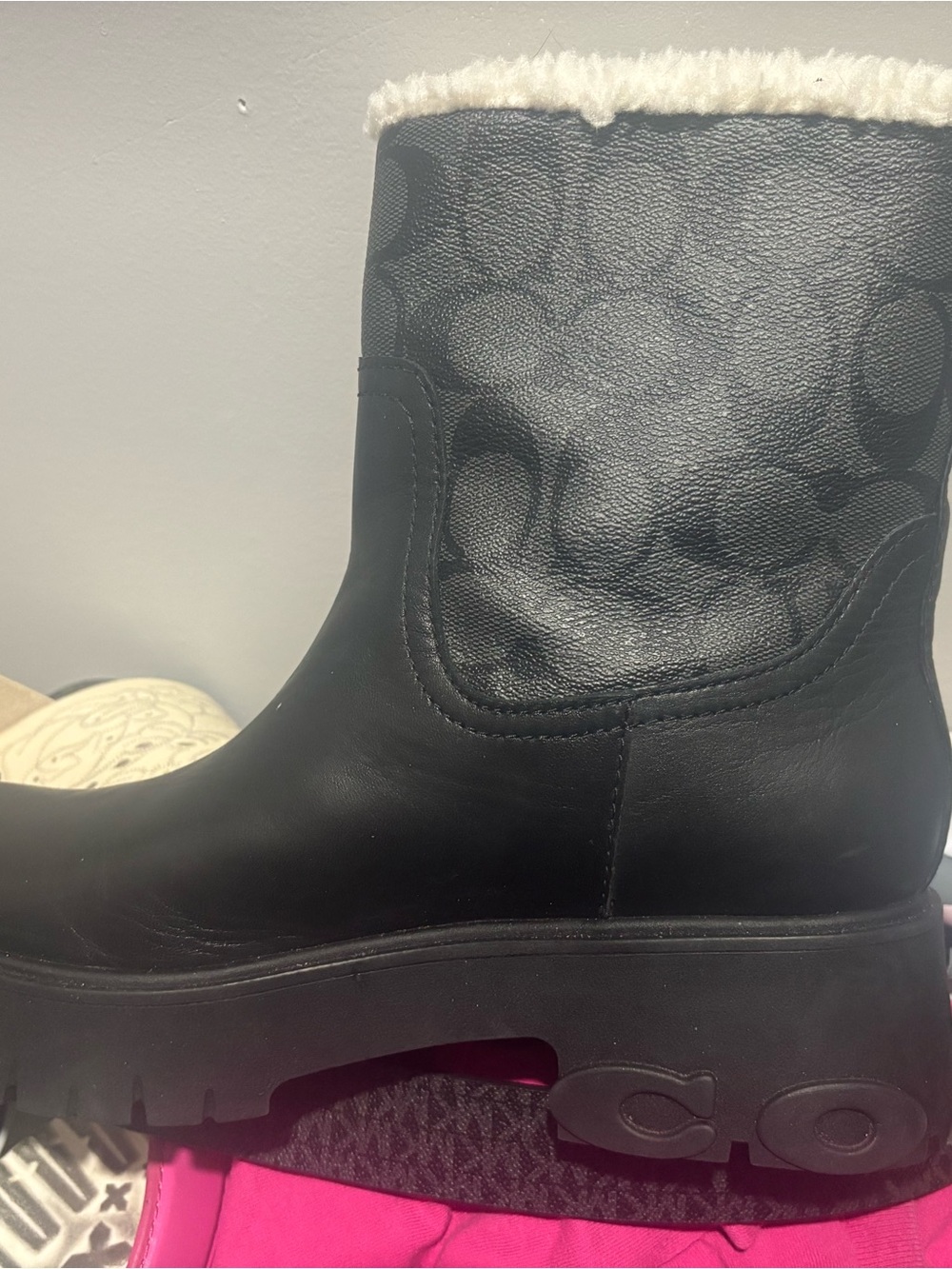 Coach Black Leather Logo Shearling-Trim Ankle Boot
